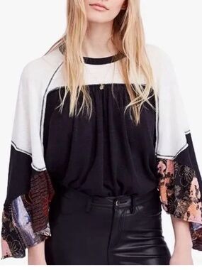 We The Free Black and White Boho Panel Sleeve Top with Multicolor Accents